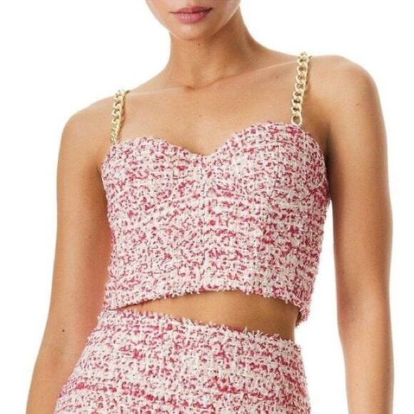 NEW Alice + Olivia Cristi Chain Tweed Crop Top Bustier Pink White US 14 $295 - Picture 2 of 12